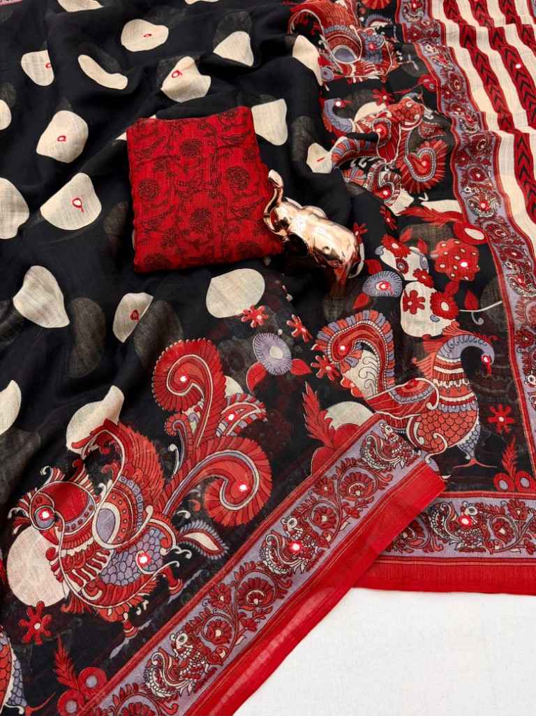 SOFT HEAVY LINEN COTTON KALAMKARI PRINTS AARI MIRROR WORK SAREE 
