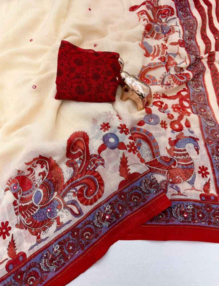 SOFT HEAVY LINEN COTTON KALAMKARI PRINTS AARI MIRROR WORK SAREE 