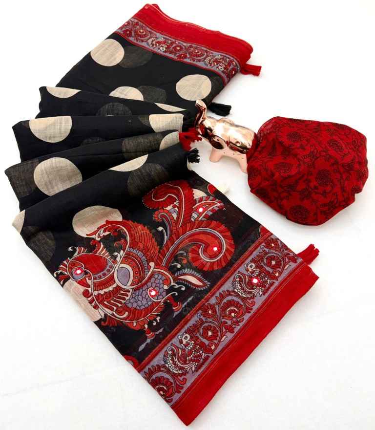 SOFT HEAVY LINEN COTTON KALAMKARI PRINTS AARI MIRROR WORK SAREE 