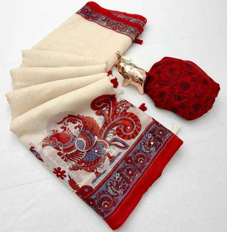 SOFT HEAVY LINEN COTTON KALAMKARI PRINTS AARI MIRROR WORK SAREE 