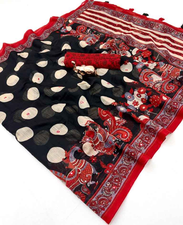 SOFT HEAVY LINEN COTTON KALAMKARI PRINTS AARI MIRROR WORK SAREE 