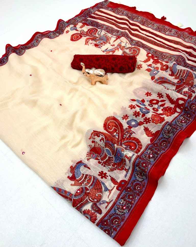 SOFT HEAVY LINEN COTTON KALAMKARI PRINTS AARI MIRROR WORK SAREE 