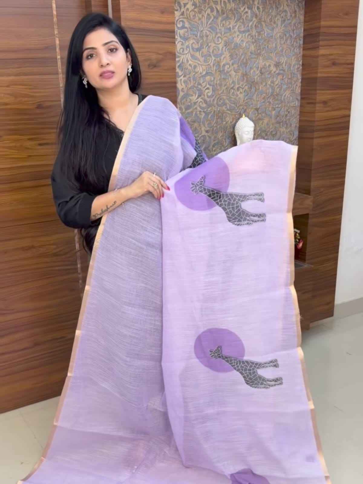 SOFT LINEN DIGITAL PRINTED GOLD ZARI BORDER SAREE