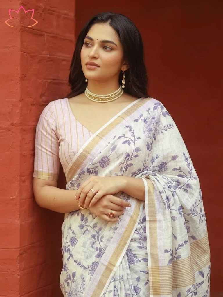 SOFT LINEN DIGITAL PRINTED GOLD ZARI BORDER SAREE 1