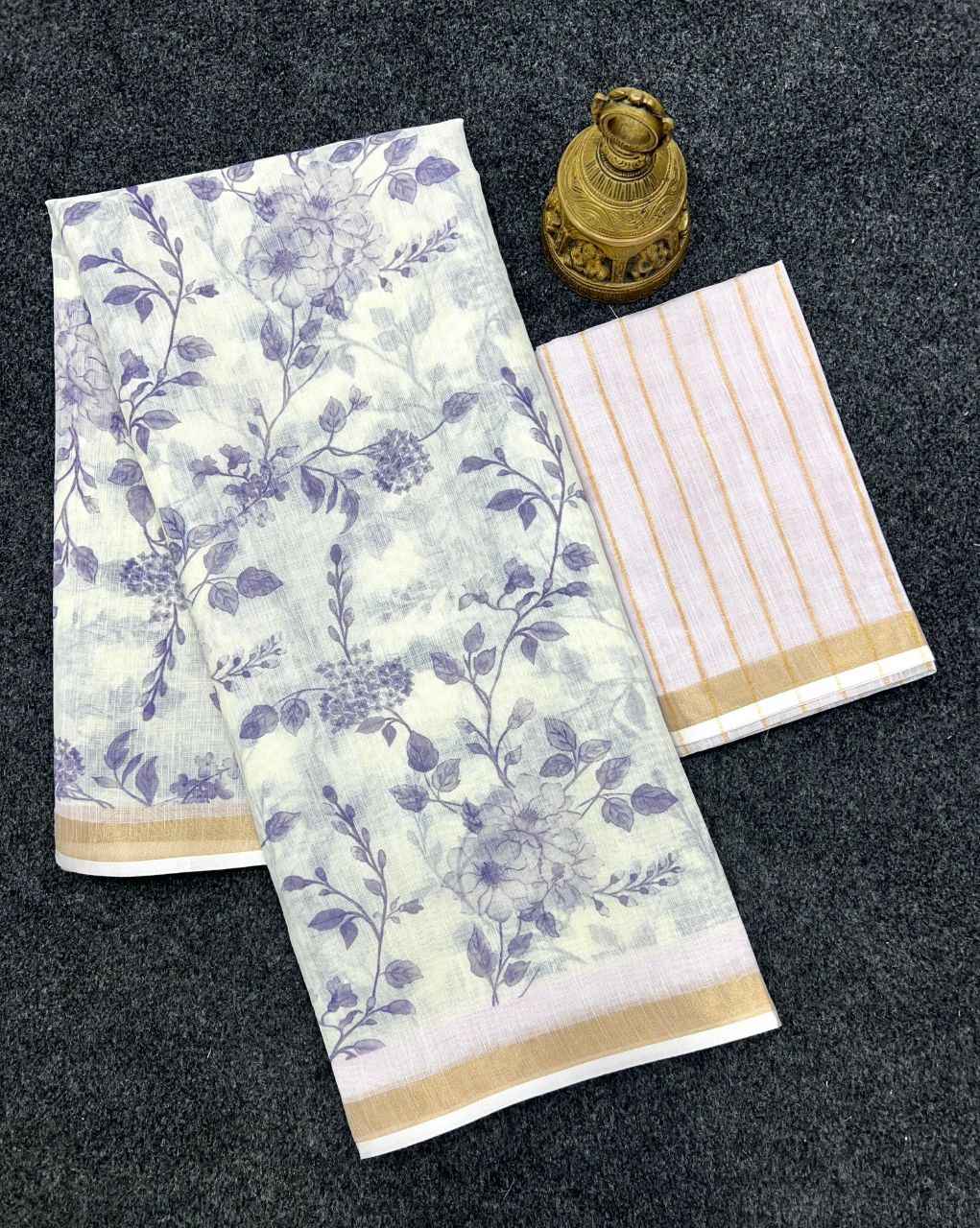 SOFT LINEN DIGITAL PRINTED GOLD ZARI BORDER SAREE 1