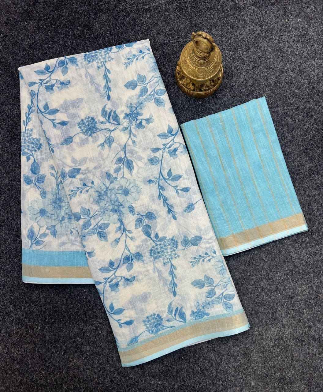 SOFT LINEN DIGITAL PRINTED GOLD ZARI BORDER SAREE 1