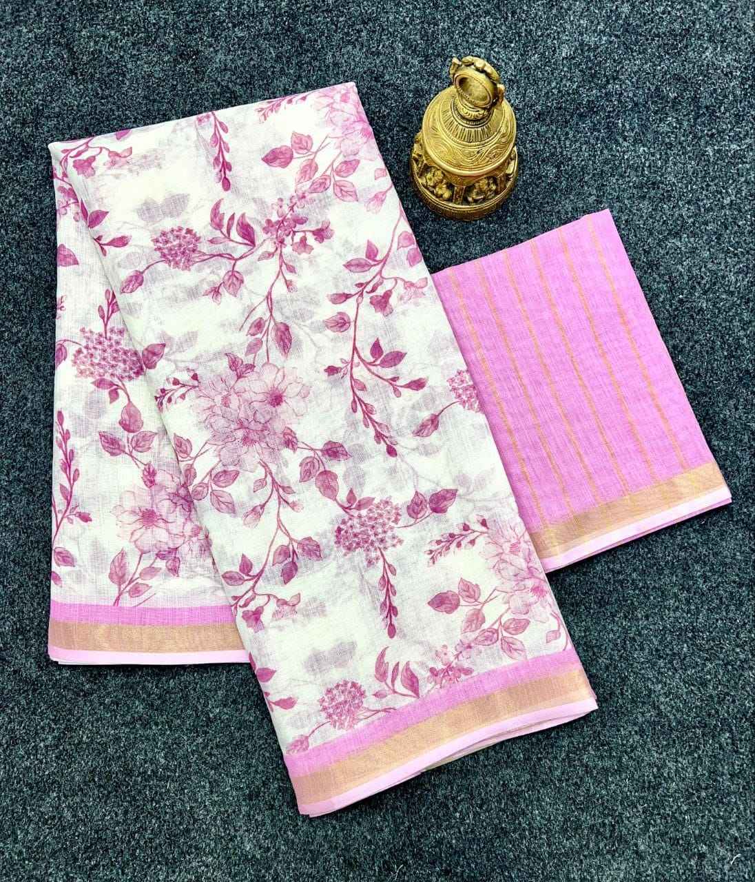 SOFT LINEN DIGITAL PRINTED GOLD ZARI BORDER SAREE 1