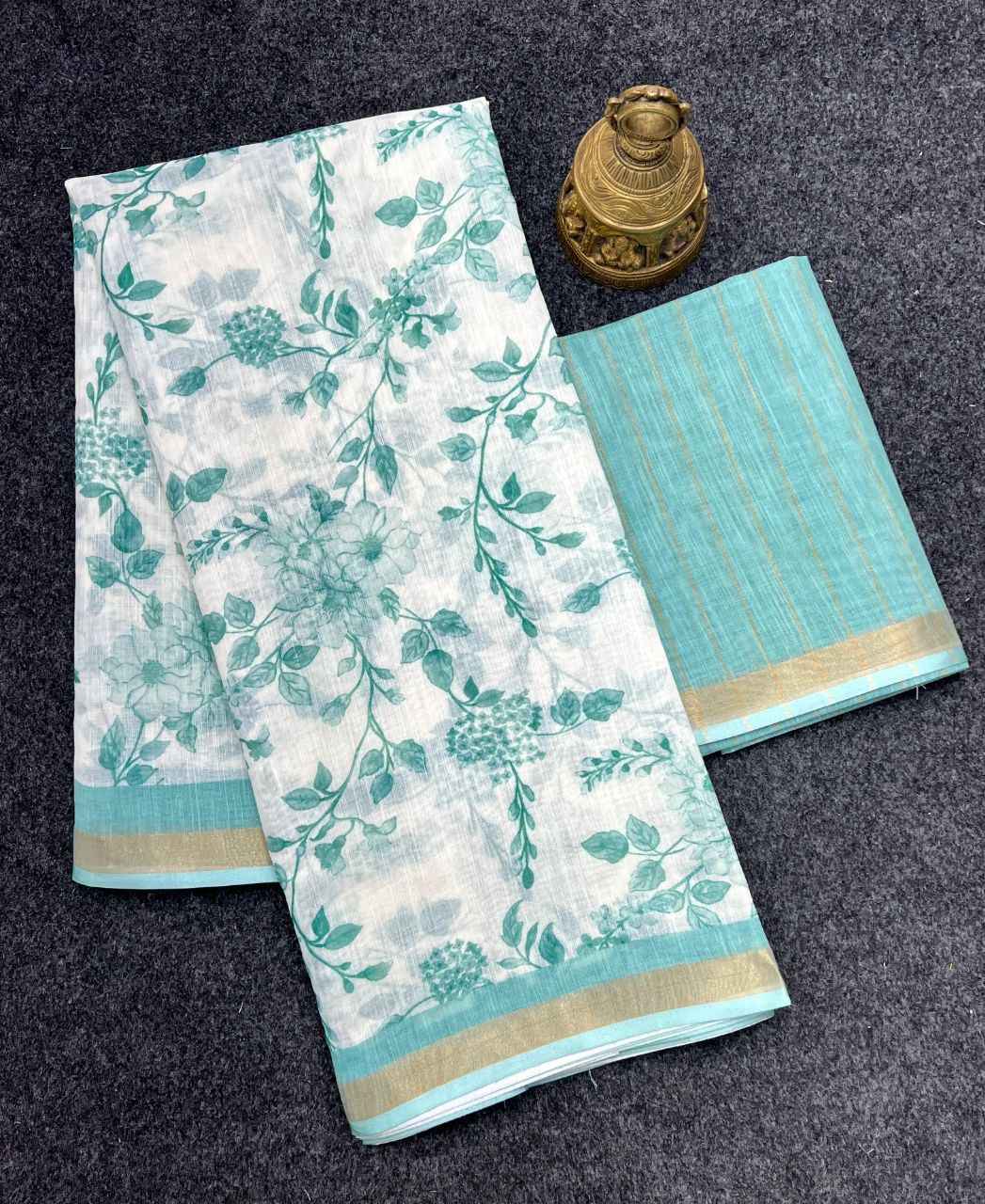 SOFT LINEN DIGITAL PRINTED GOLD ZARI BORDER SAREE 1