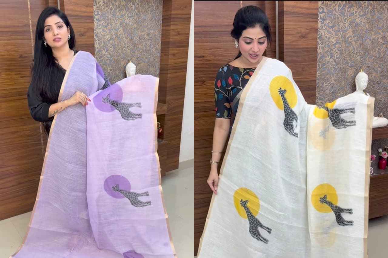 SOFT LINEN DIGITAL PRINTED GOLD ZARI BORDER SAREE