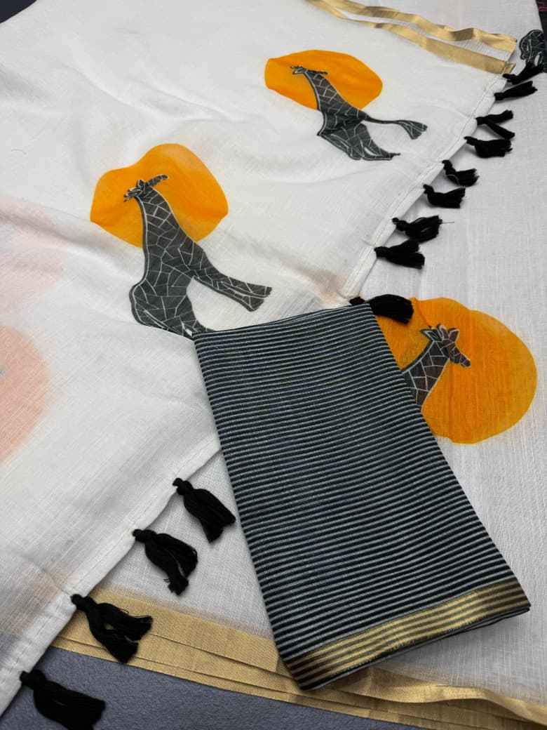 SOFT LINEN DIGITAL PRINTED GOLD ZARI BORDER SAREE