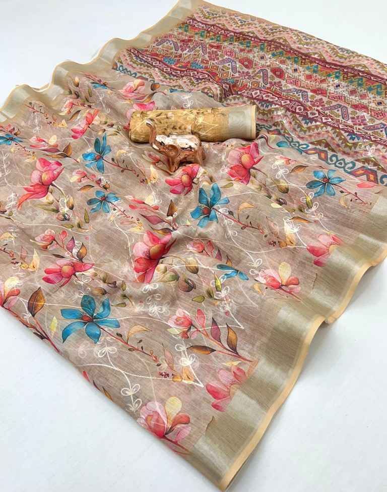 SOFT LINEN DIGITAL PRINTED CHAIN STICH WORK SAREE