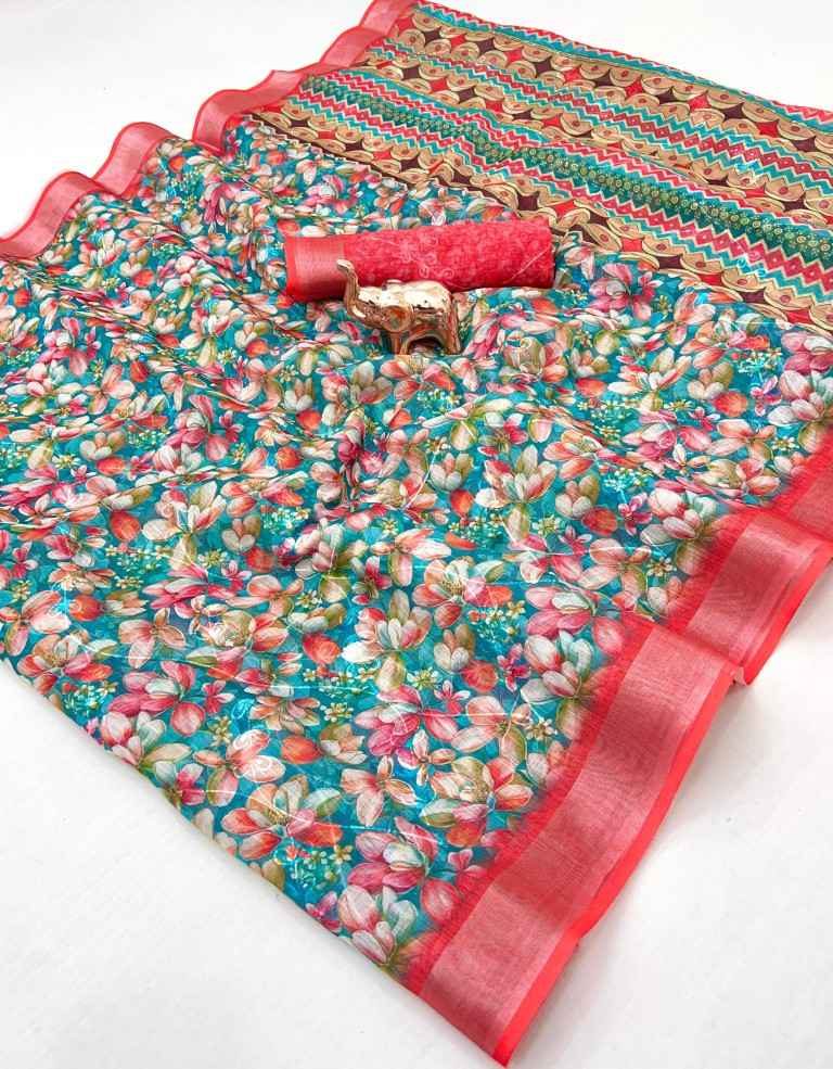 SOFT LINEN DIGITAL PRINTED CHAIN STICH WORK SAREE