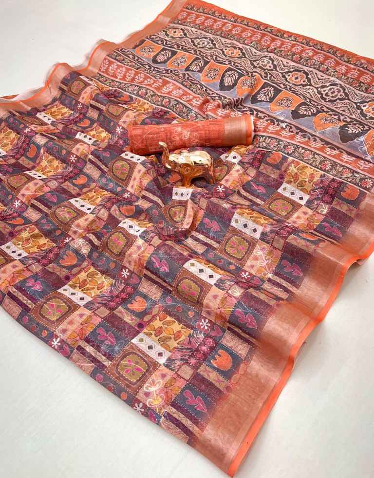 SOFT LINEN DIGITAL PRINTED CHAIN STICH WORK SAREE