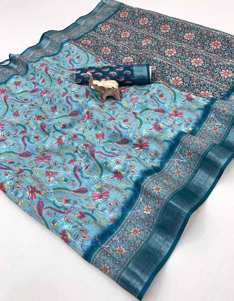 SOFT LINEN DIGITAL PRINTED CHAIN STICH WORK SAREE