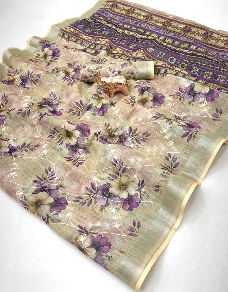 SOFT LINEN DIGITAL PRINTED CHAIN STICH WORK SAREE