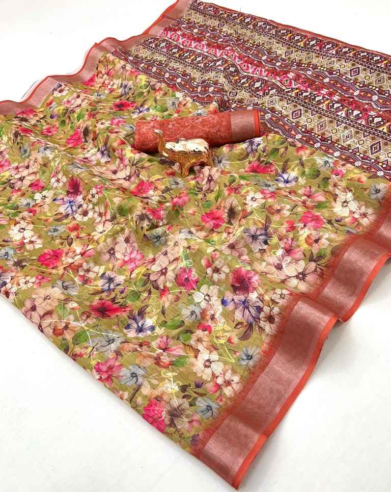 SOFT LINEN DIGITAL PRINTED CHAIN STICH WORK SAREE