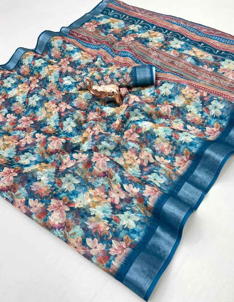 SOFT LINEN DIGITAL PRINTED CHAIN STICH WORK SAREE
