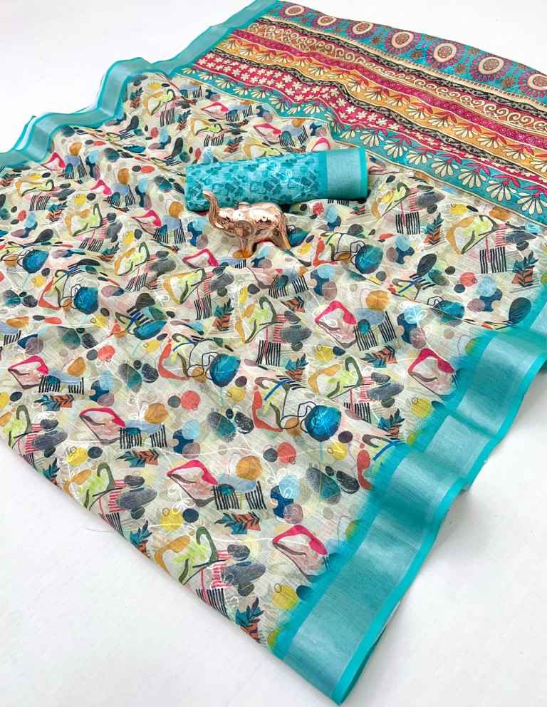 SOFT LINEN DIGITAL PRINTED CHAIN STICH WORK SAREE