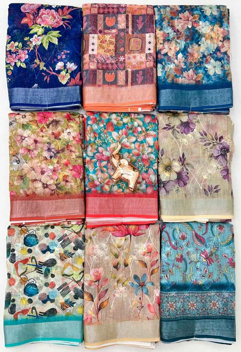 SOFT LINEN DIGITAL PRINTED CHAIN STICH WORK SAREE