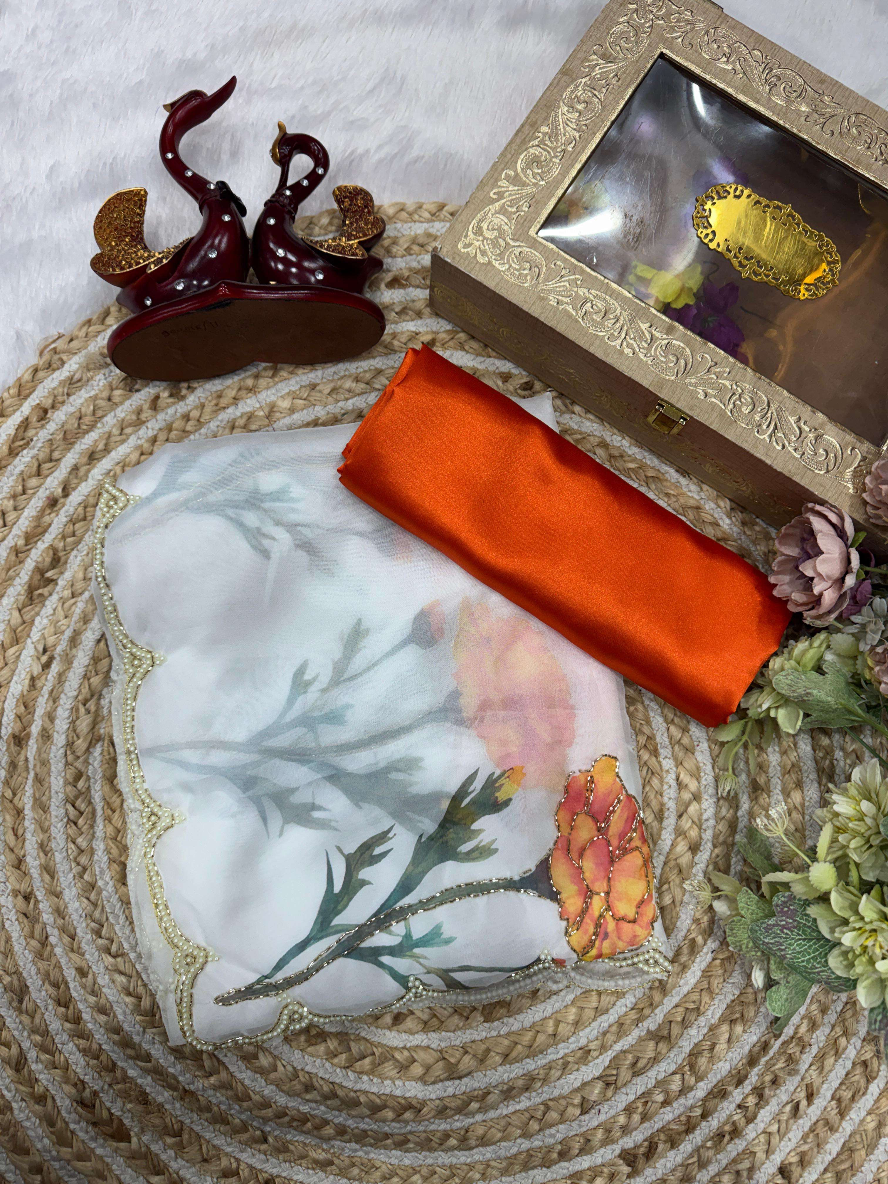 SOFT TEBBY SILK FLORAL PRINT WITH BEEDS AND KATDANA HANDWORK SAREE 1