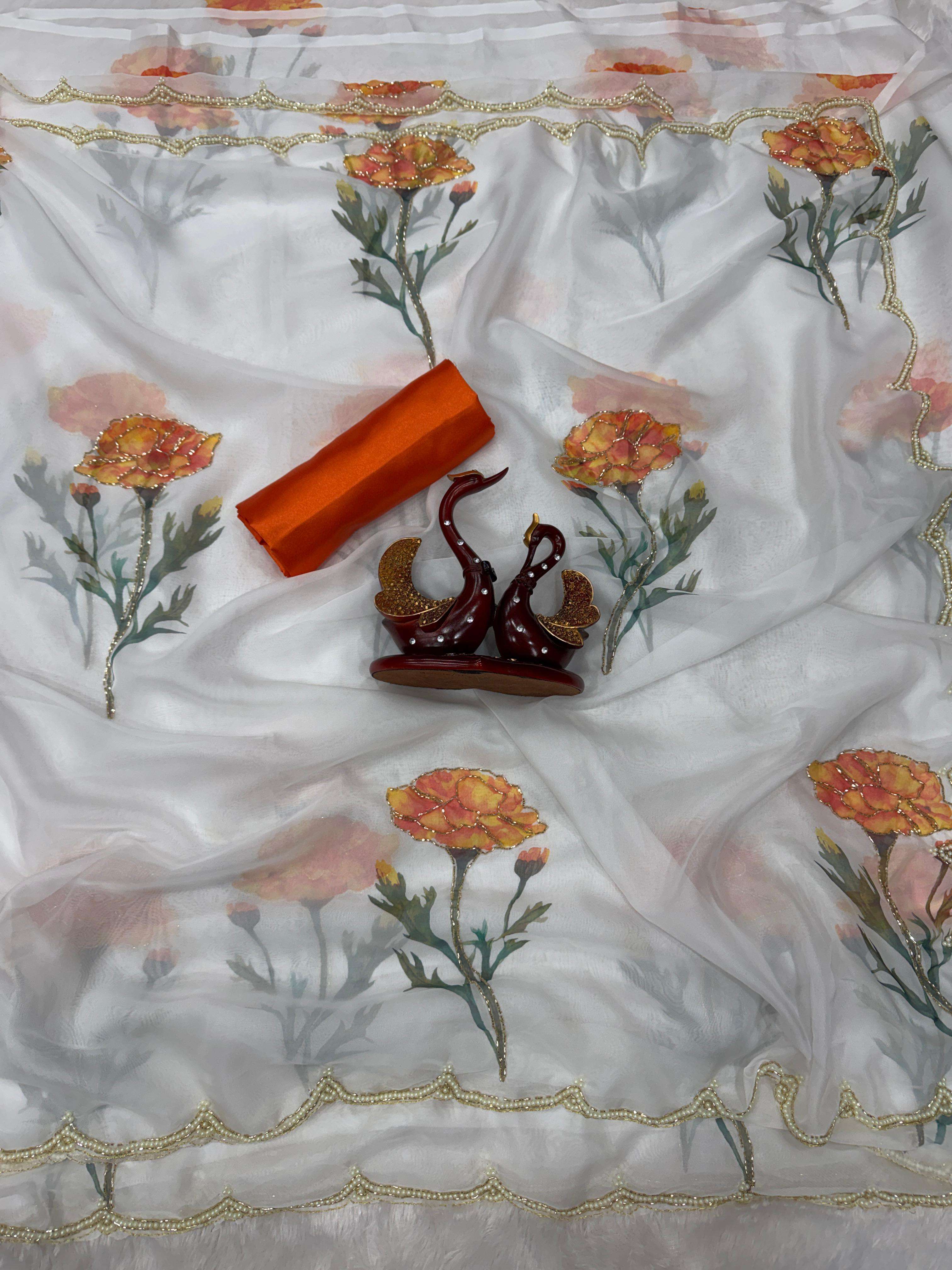 SOFT TEBBY SILK FLORAL PRINT WITH BEEDS AND KATDANA HANDWORK SAREE 1