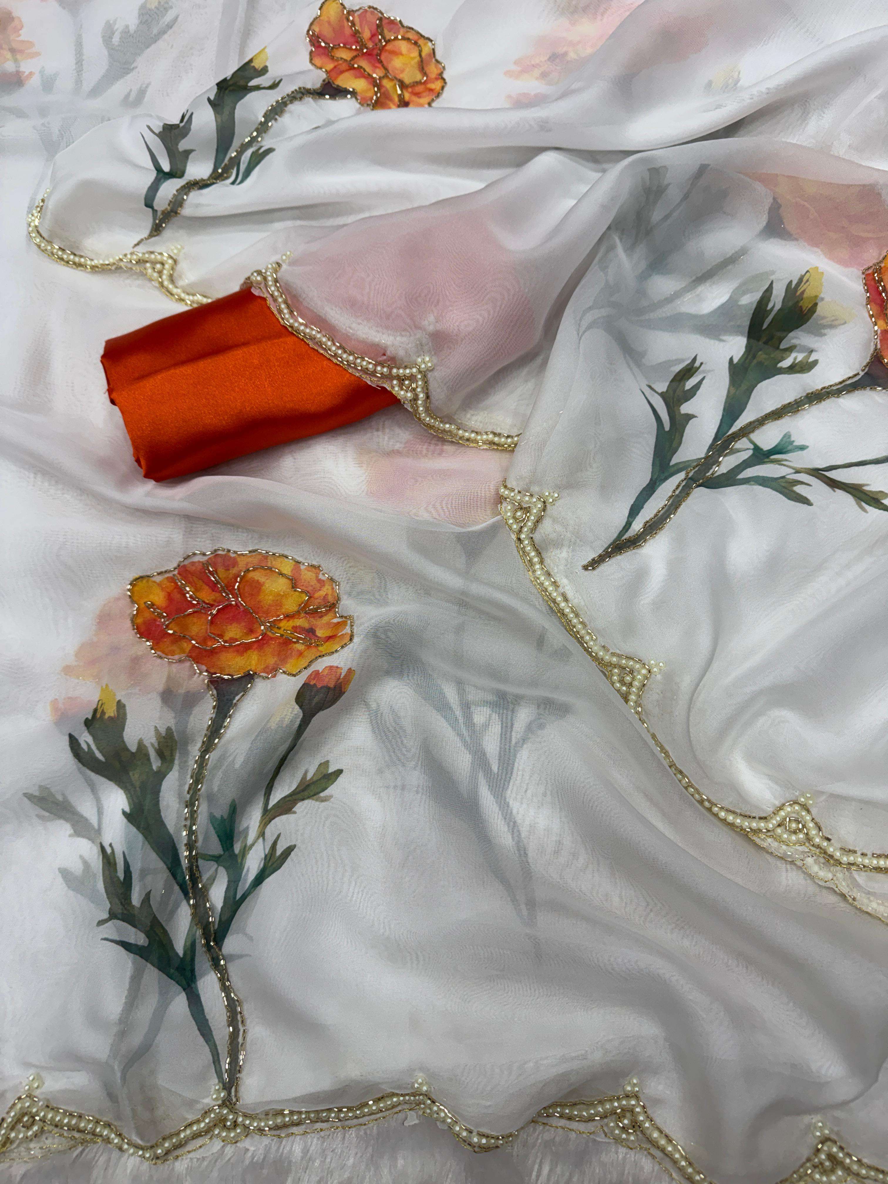 SOFT TEBBY SILK FLORAL PRINT WITH BEEDS AND KATDANA HANDWORK SAREE 1
