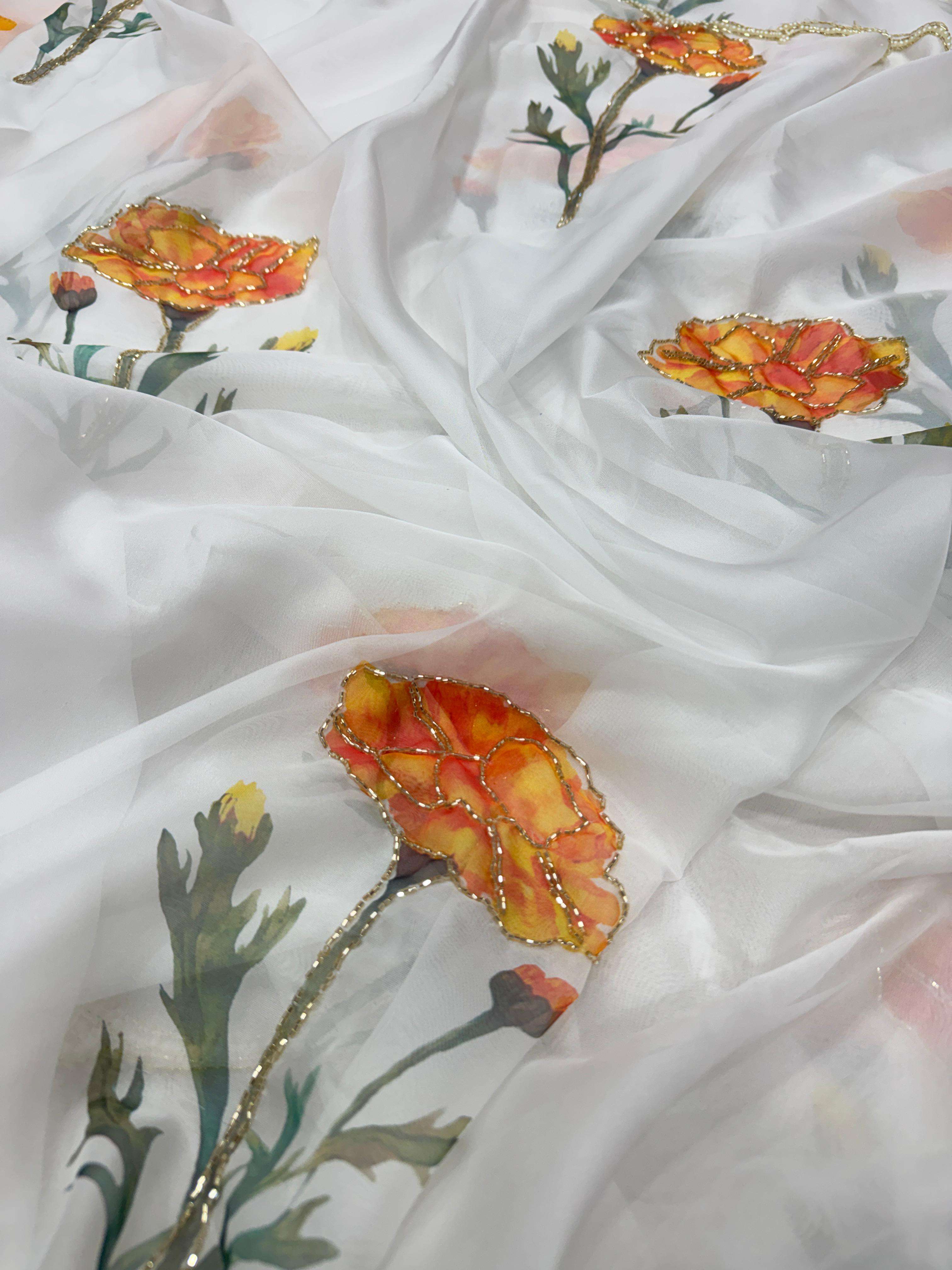 SOFT TEBBY SILK FLORAL PRINT WITH BEEDS AND KATDANA HANDWORK SAREE 1