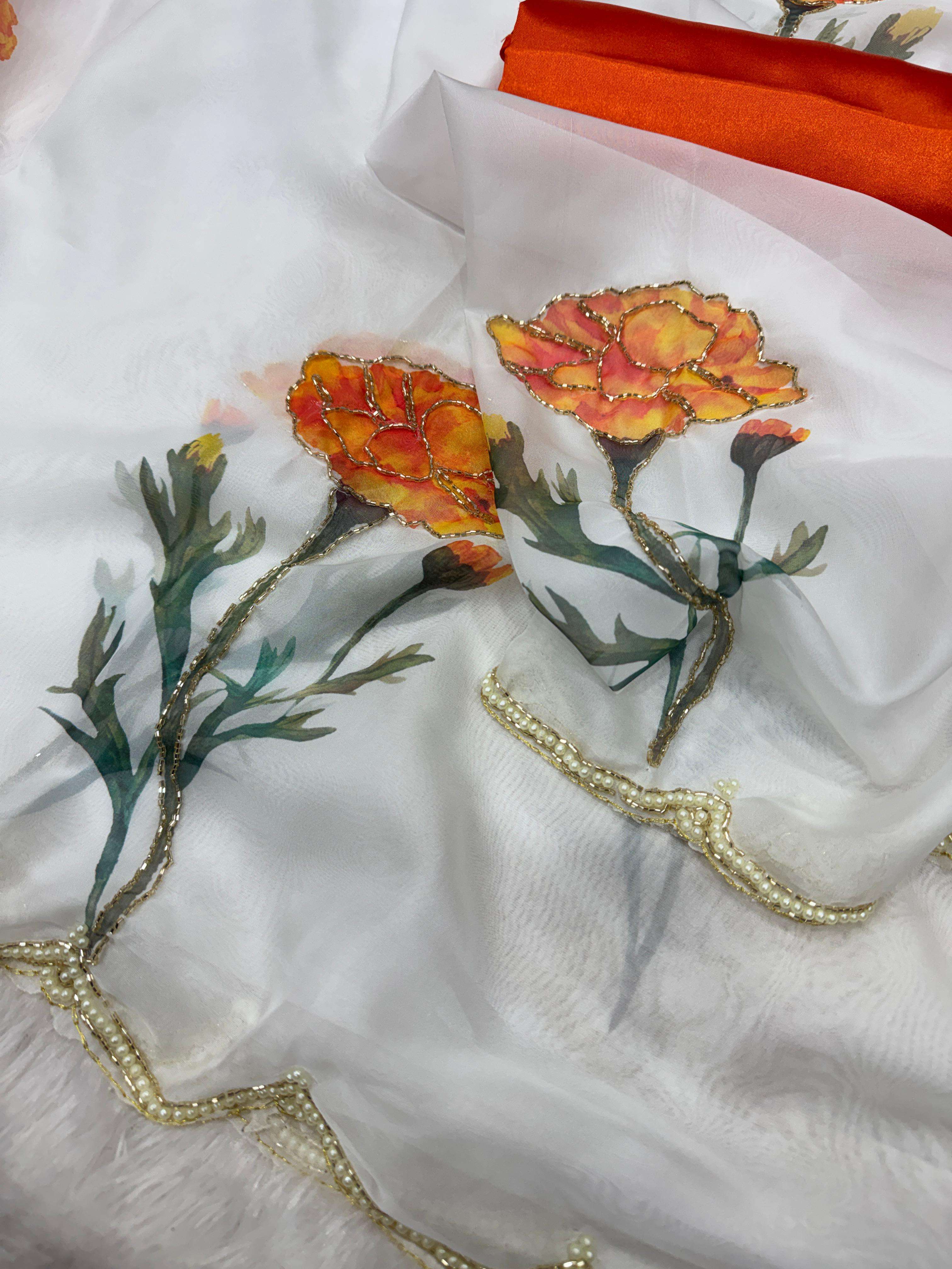 SOFT TEBBY SILK FLORAL PRINT WITH BEEDS AND KATDANA HANDWORK SAREE 1