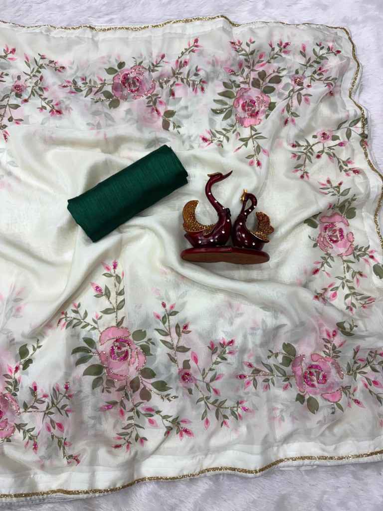 SOFT TEBBY SILK FLORAL PRINT WITH BEEDS AND KATDANA HANDWORK SAREE