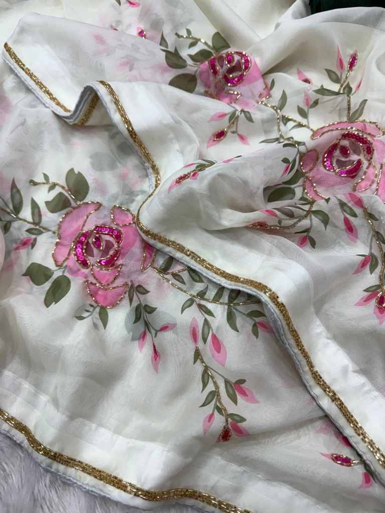 SOFT TEBBY SILK FLORAL PRINT WITH BEEDS AND KATDANA HANDWORK SAREE