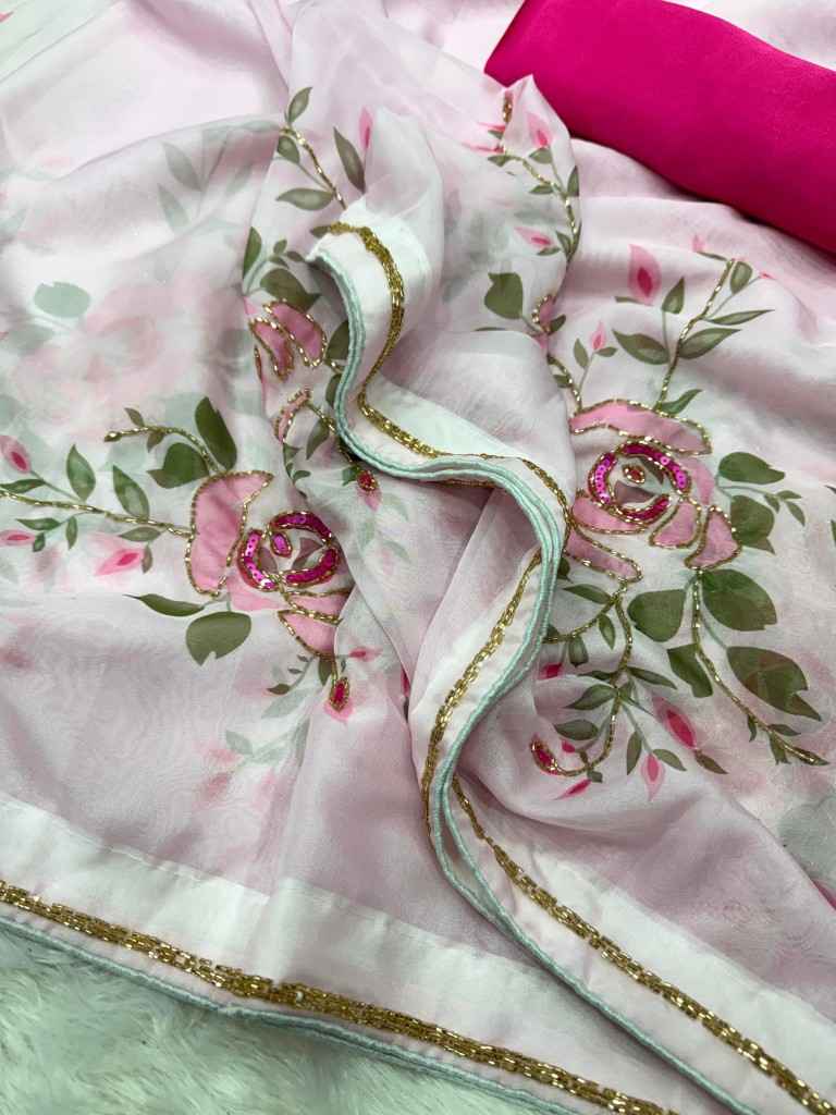 SOFT TEBBY SILK FLORAL PRINT WITH BEEDS AND KATDANA HANDWORK SAREE