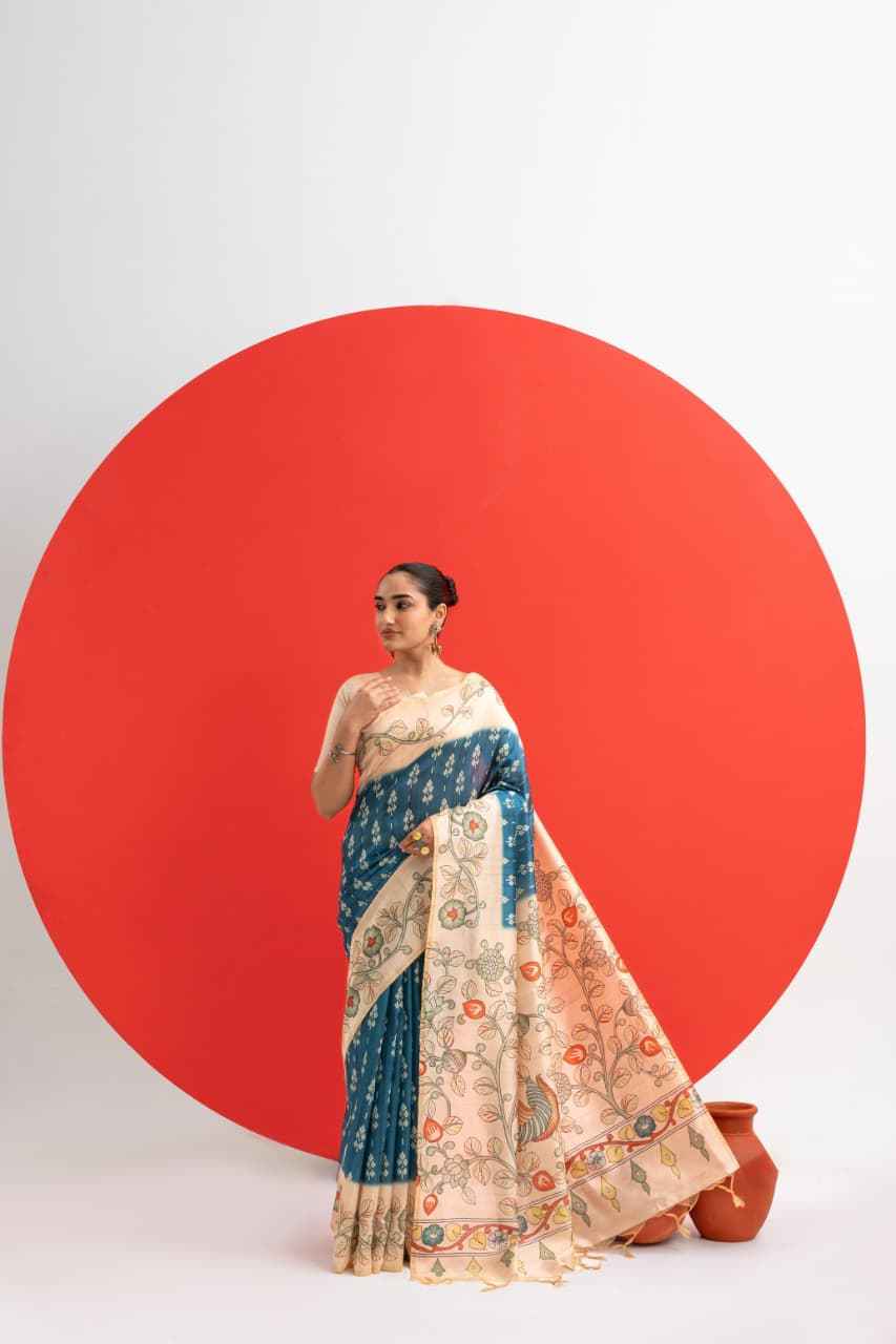 SOFT TUSSAR SILK IKKAT KALAMKARI TRADITIONAL PRINTED SAREE 