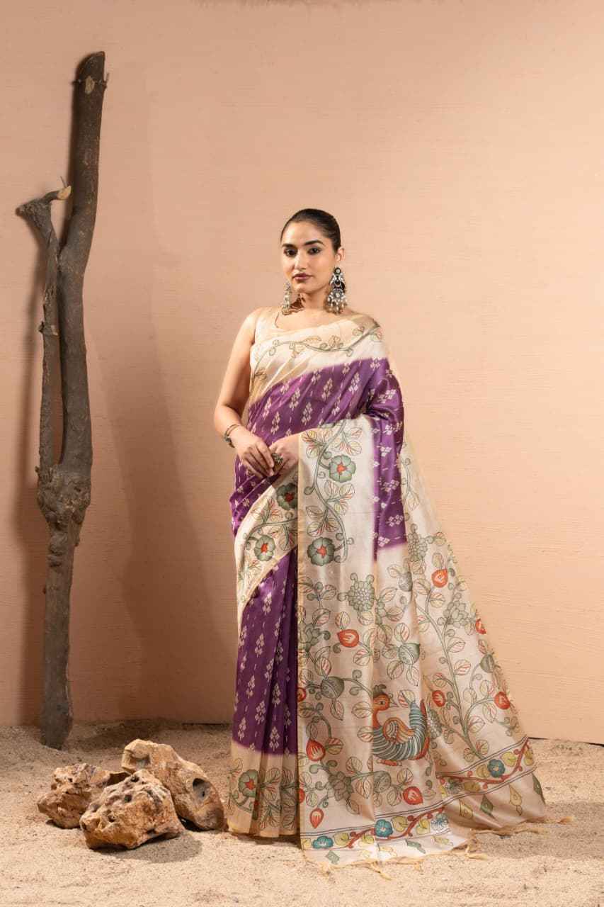 SOFT TUSSAR SILK IKKAT KALAMKARI TRADITIONAL PRINTED SAREE 
