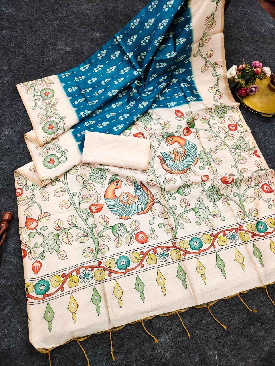 SOFT TUSSAR SILK IKKAT KALAMKARI TRADITIONAL PRINTED SAREE 