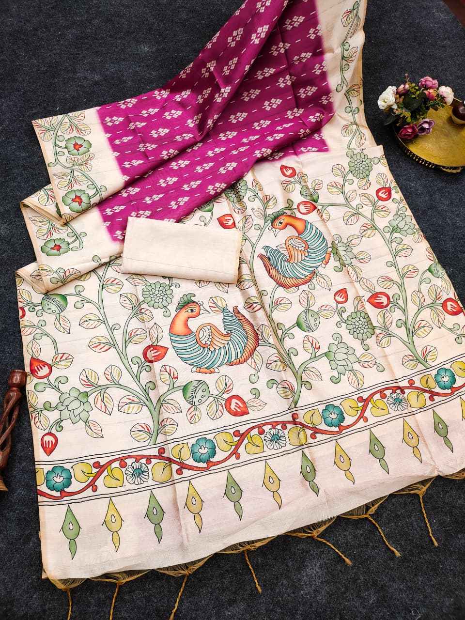 SOFT TUSSAR SILK IKKAT KALAMKARI TRADITIONAL PRINTED SAREE 