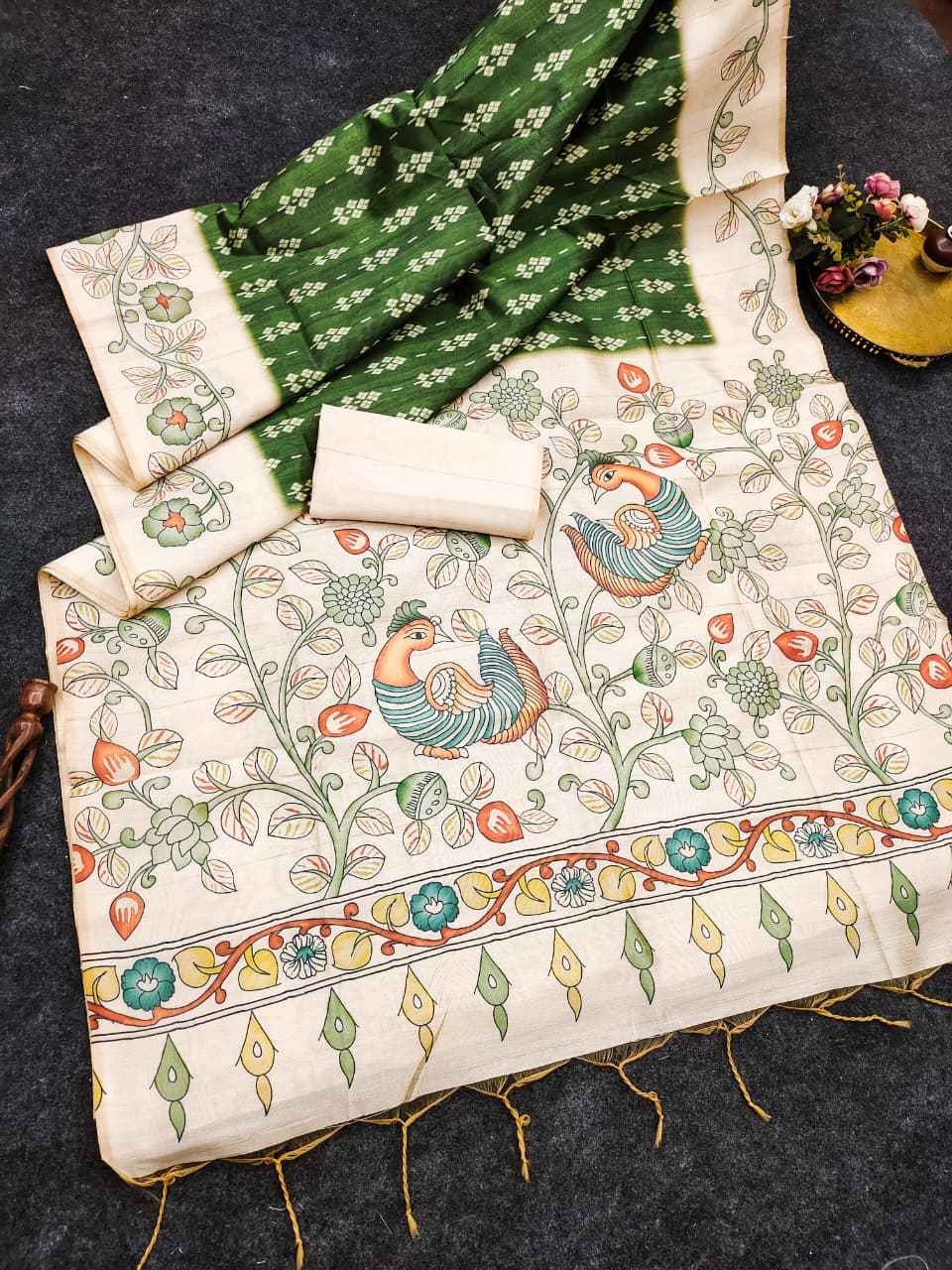 SOFT TUSSAR SILK IKKAT KALAMKARI TRADITIONAL PRINTED SAREE 