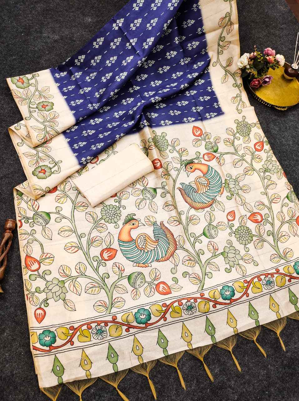SOFT TUSSAR SILK IKKAT KALAMKARI TRADITIONAL PRINTED SAREE 