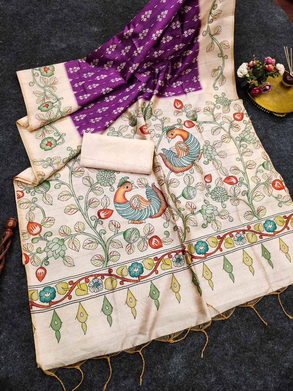 SOFT TUSSAR SILK IKKAT KALAMKARI TRADITIONAL PRINTED SAREE 