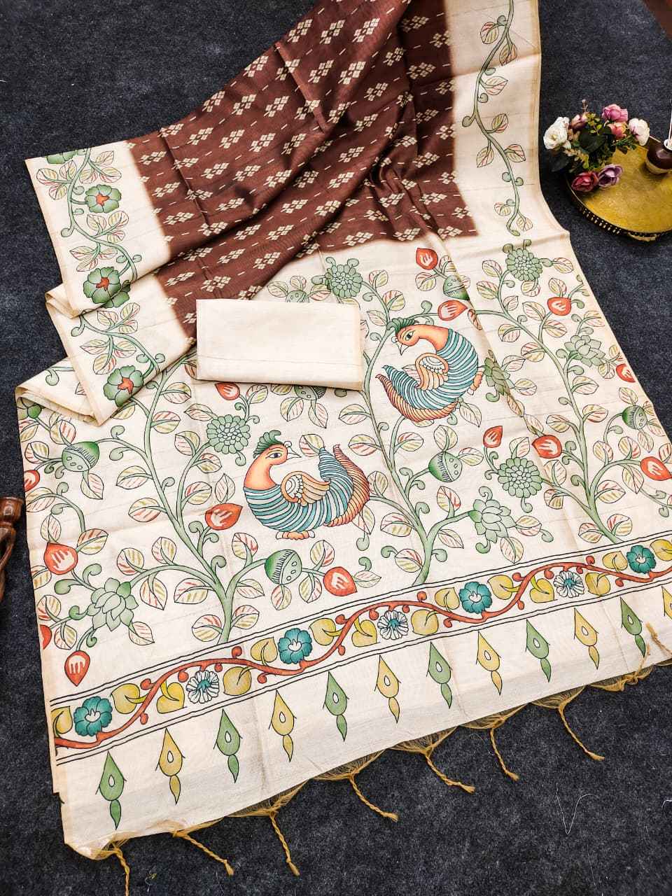 SOFT TUSSAR SILK IKKAT KALAMKARI TRADITIONAL PRINTED SAREE 