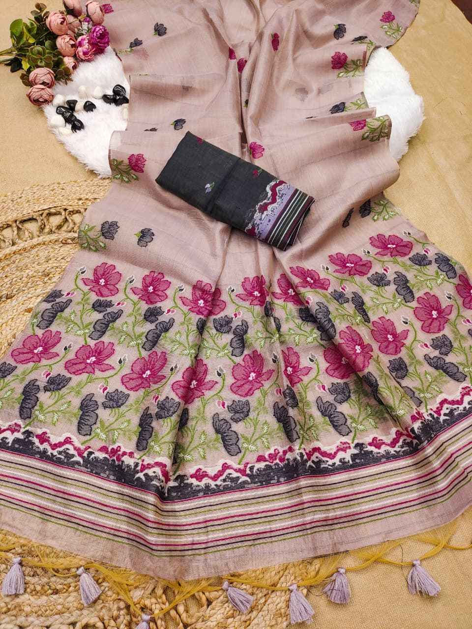 TISSUE SILK FLORAL RESHAM MEENA WOVEN SAREE 