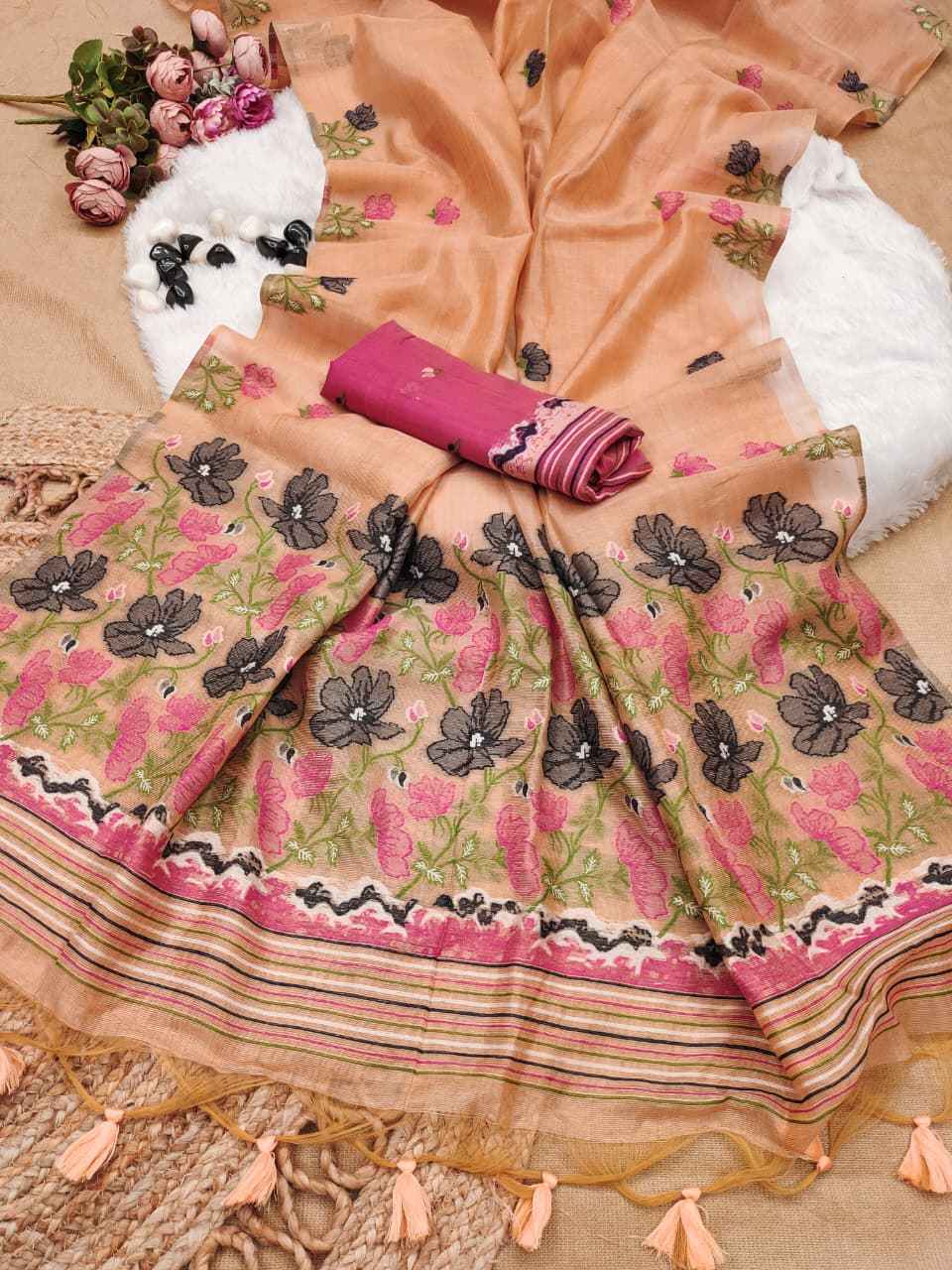 TISSUE SILK FLORAL RESHAM MEENA WOVEN SAREE 