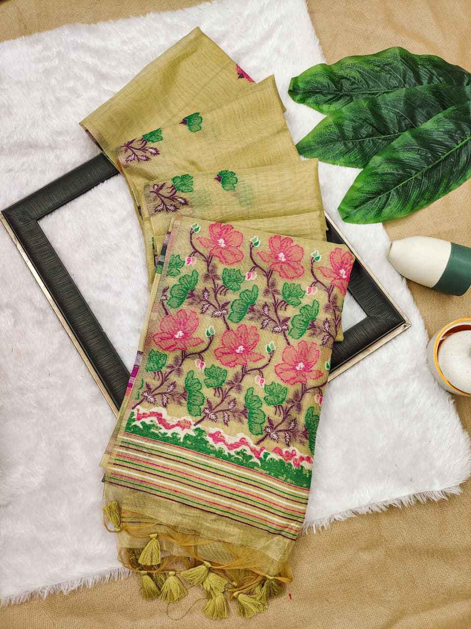 TISSUE SILK FLORAL RESHAM MEENA WOVEN SAREE 