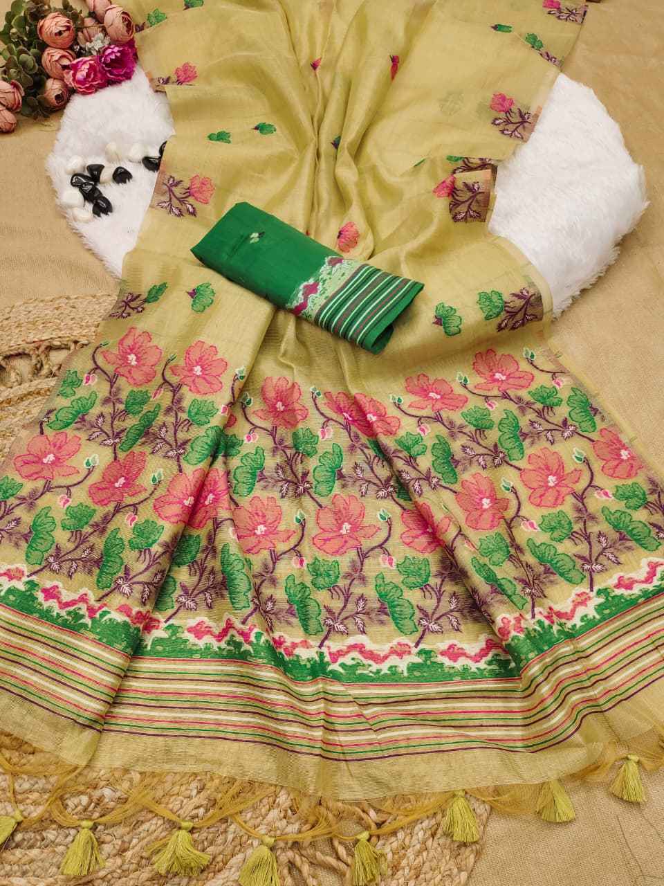 TISSUE SILK FLORAL RESHAM MEENA WOVEN SAREE 