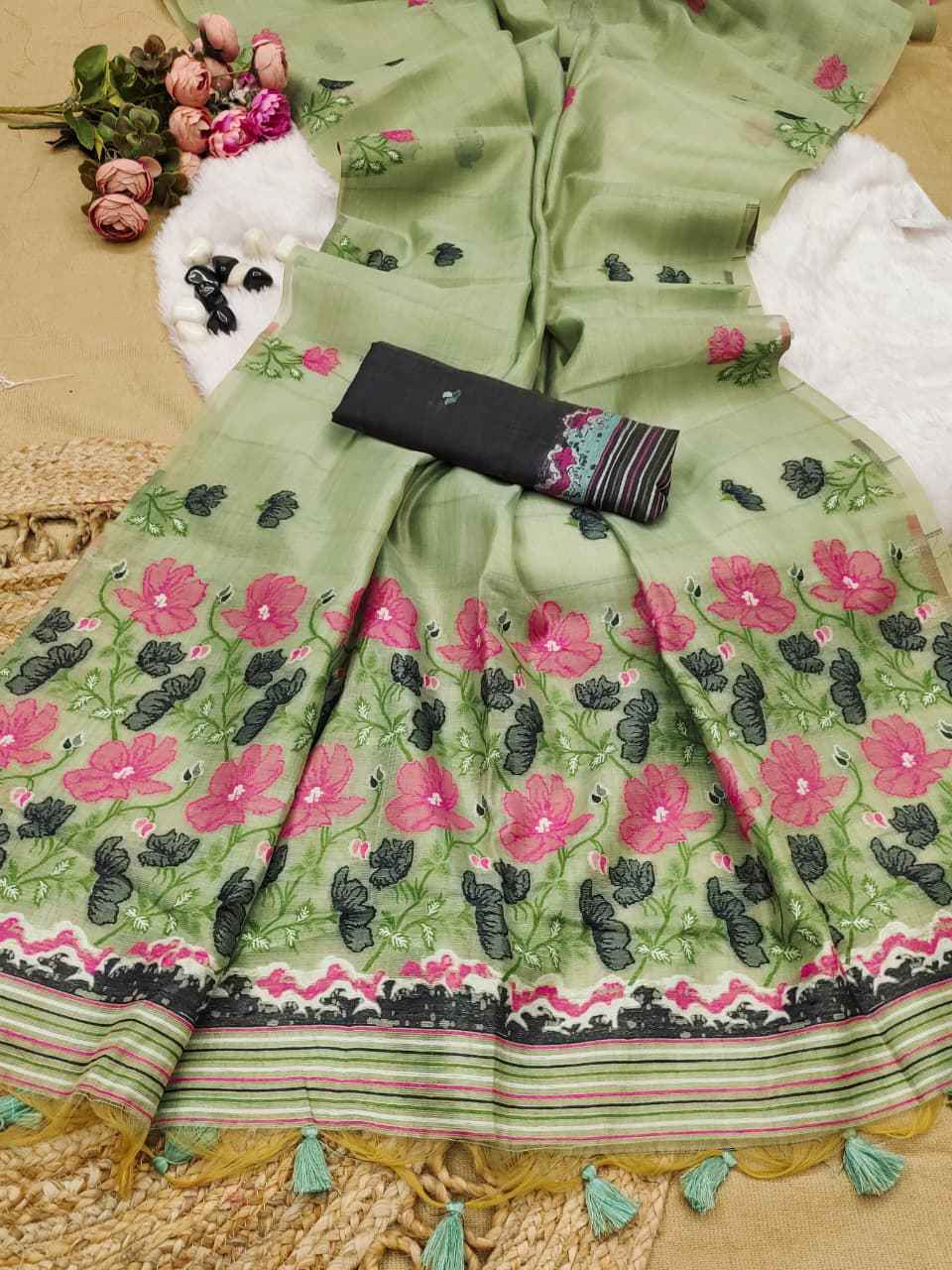 TISSUE SILK FLORAL RESHAM MEENA WOVEN SAREE 