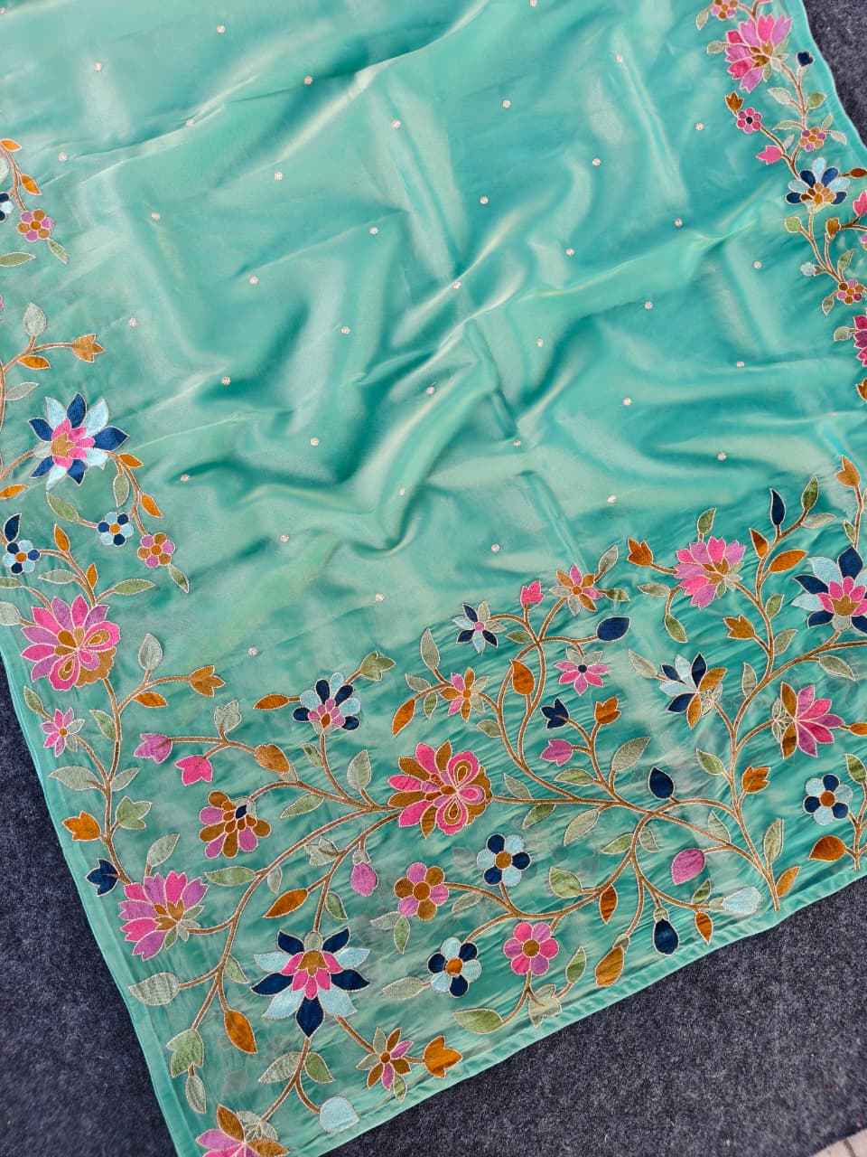 PREMIUM TISSUE SILK FLORAL THREAD EMBROIDERY SAREE