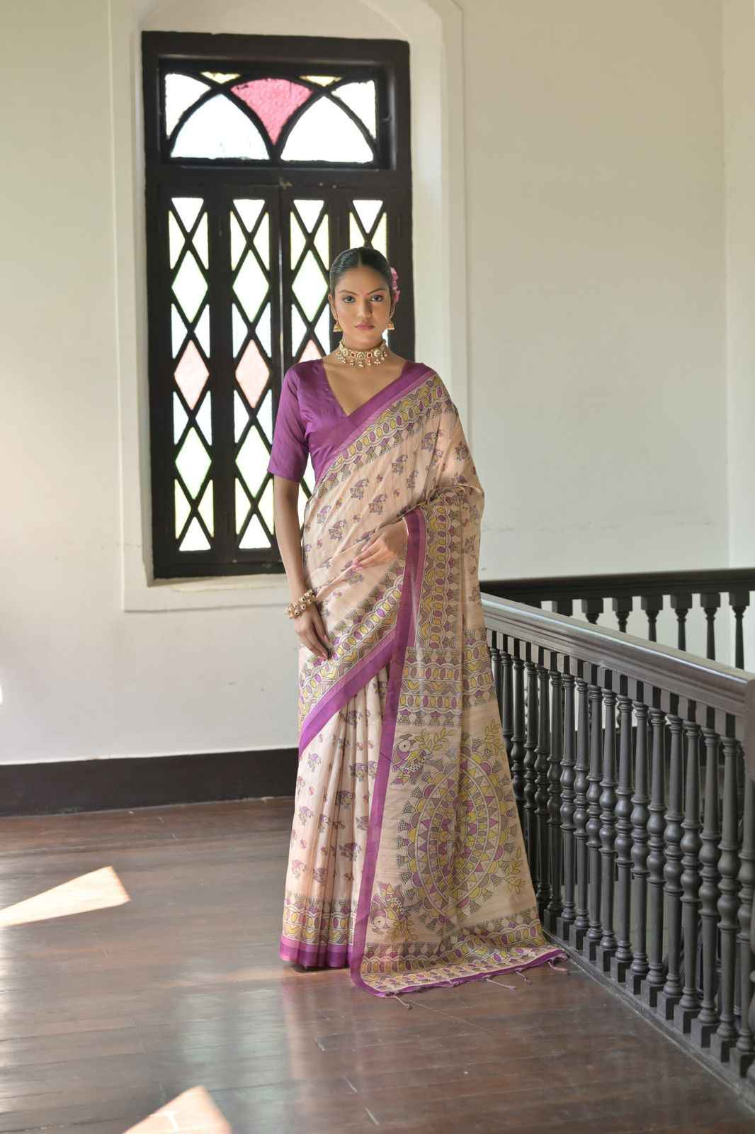 SOFT TUSSAR SILK MADHUBANI TRADITIONAL PRINTED SAREE 