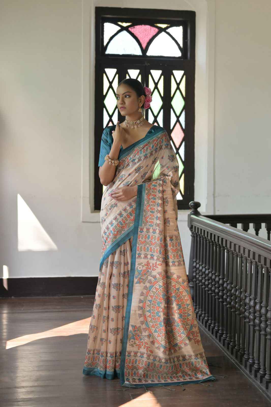 SOFT TUSSAR SILK MADHUBANI TRADITIONAL PRINTED SAREE 