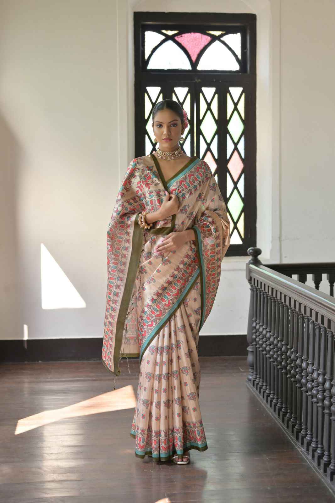 SOFT TUSSAR SILK MADHUBANI TRADITIONAL PRINTED SAREE 