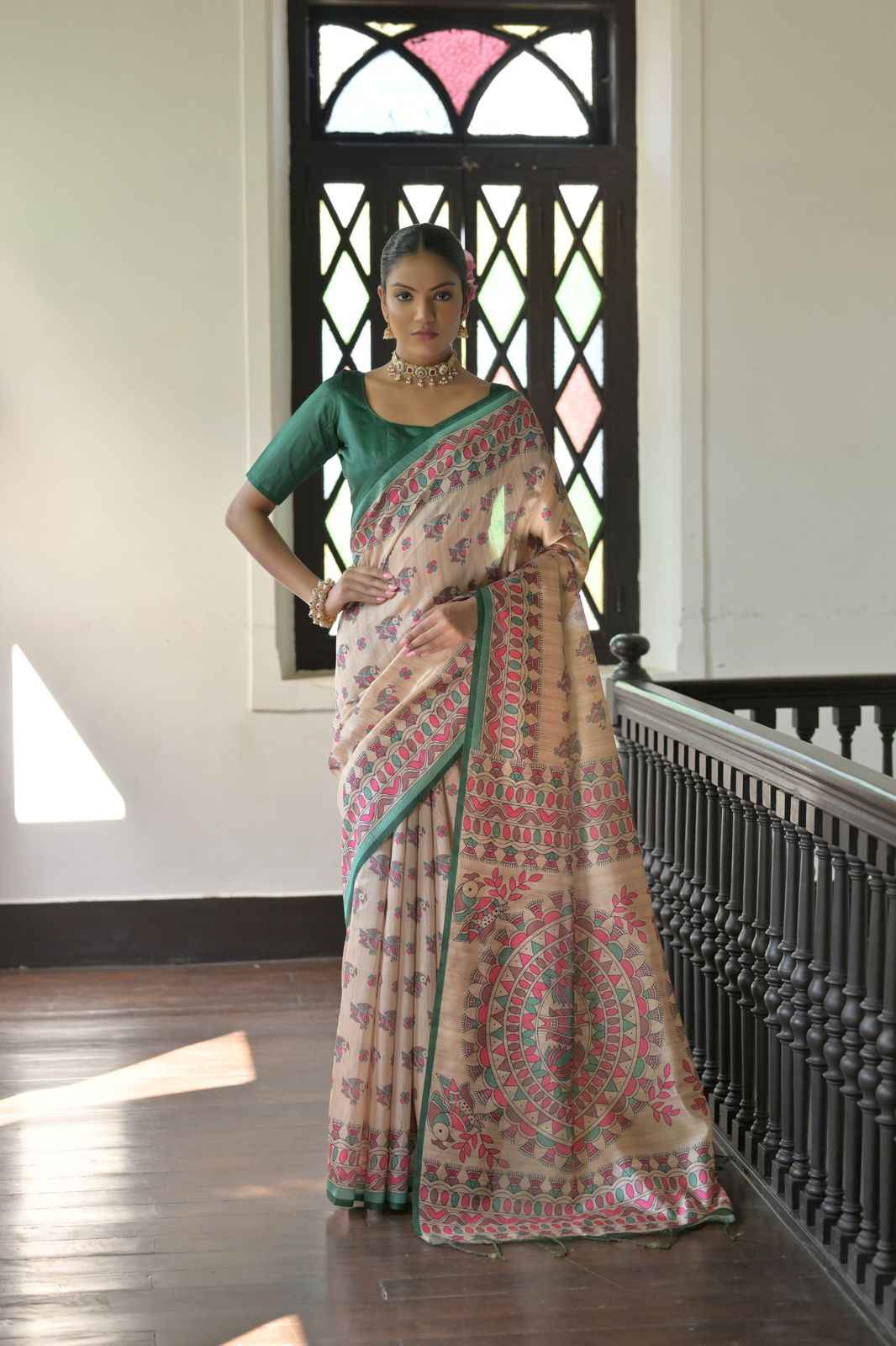 SOFT TUSSAR SILK MADHUBANI TRADITIONAL PRINTED SAREE 