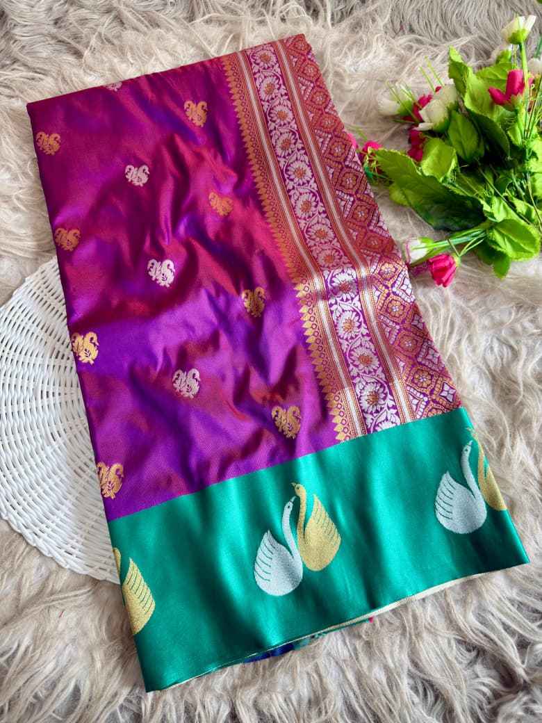 PREMIUM BANARASI PAITHANI SILK SATIN SWAN BORDER SAREE